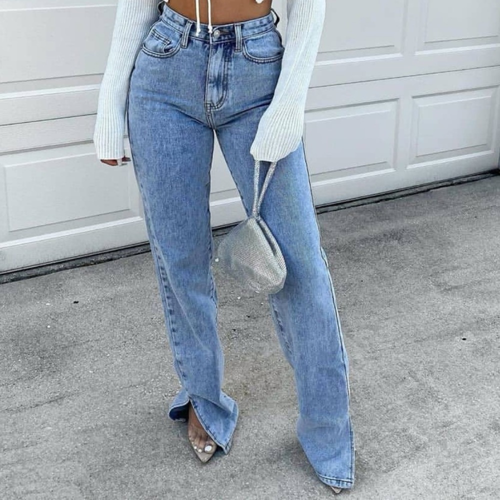 Denim mid wash straight leg split detail jeans